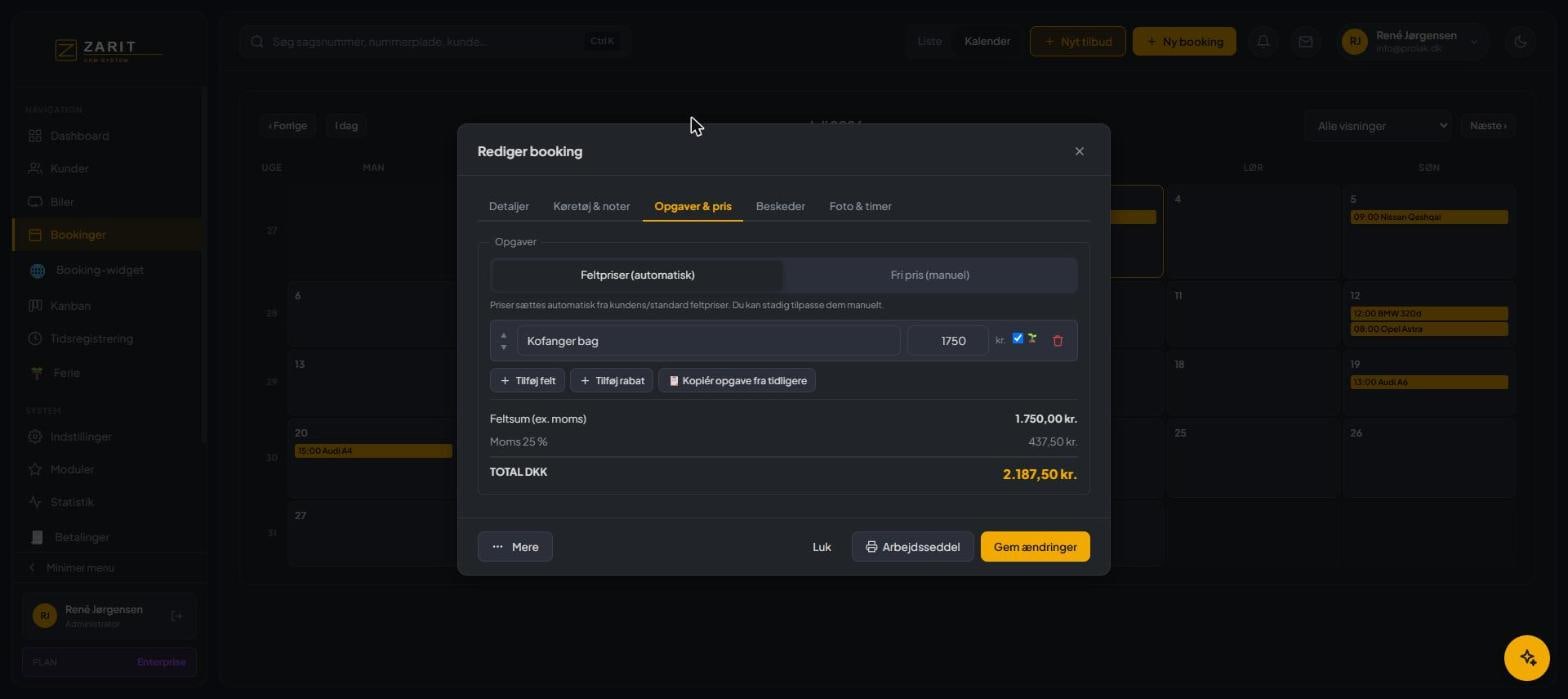 Opgaver og feltpriser på en booking i Zarit CRM